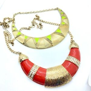 Pair Statement Necklaces Collar Bib Style Gold Orange Rhinestone Green Boho